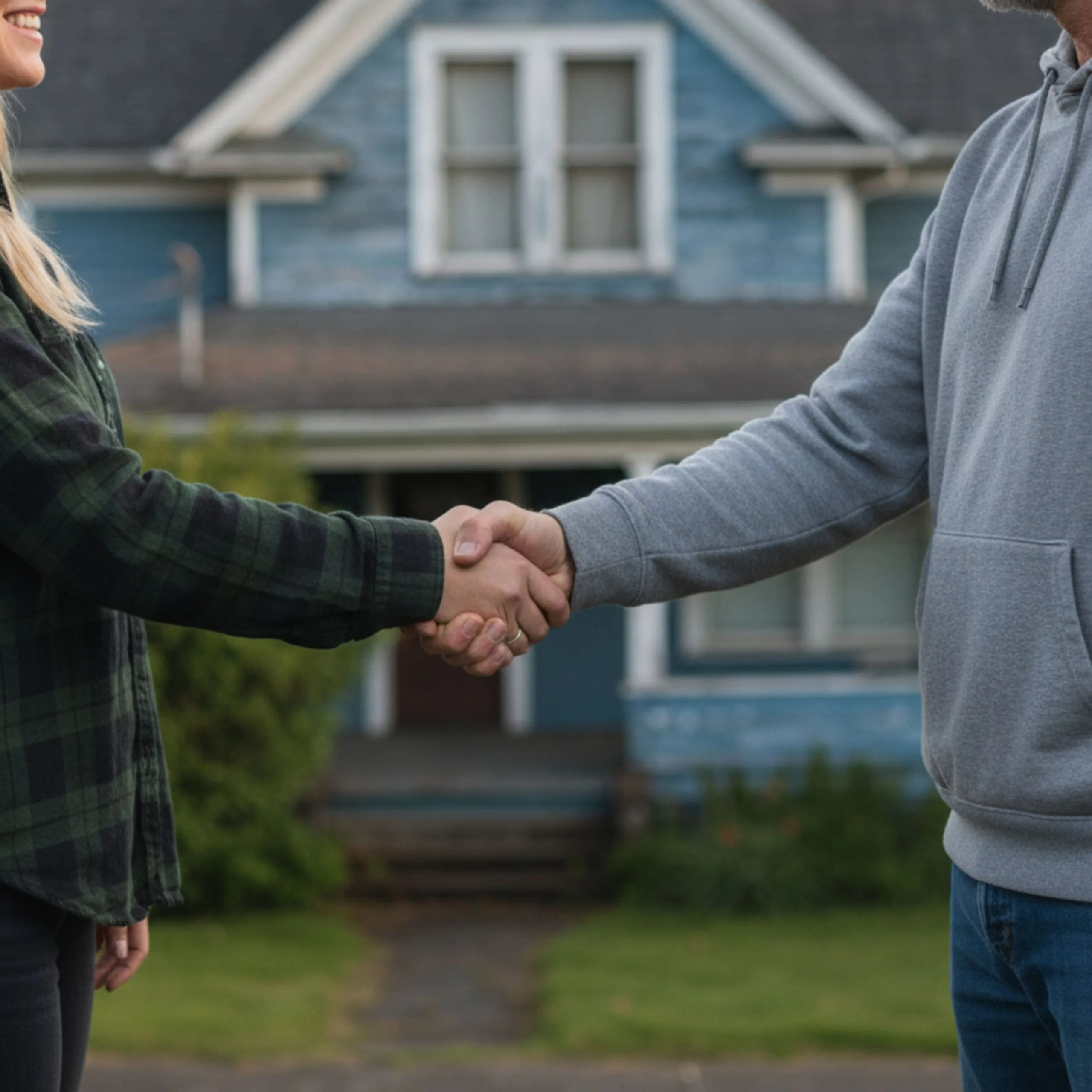 Homeowner shaking hands with a cash home buyer to sell house fast for cash.