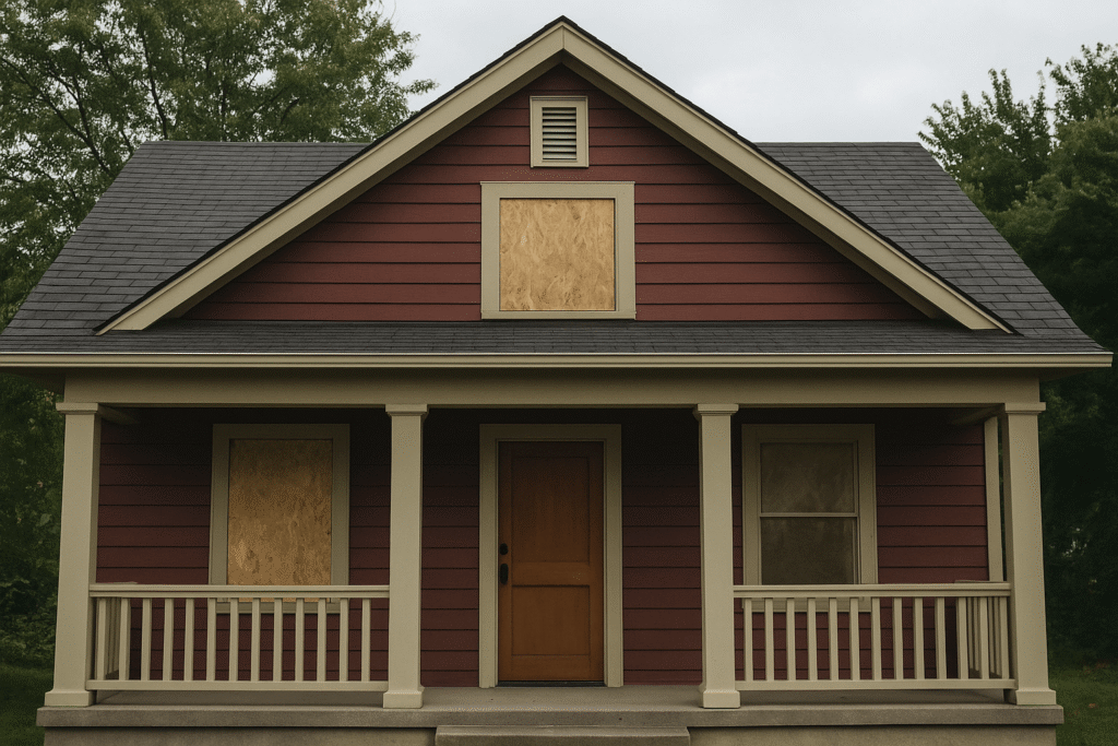 House in foreclosure during probate process, showing abandoned property exterior.