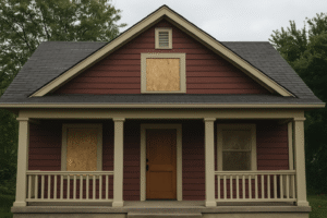 House in foreclosure during probate process, showing abandoned property exterior.
