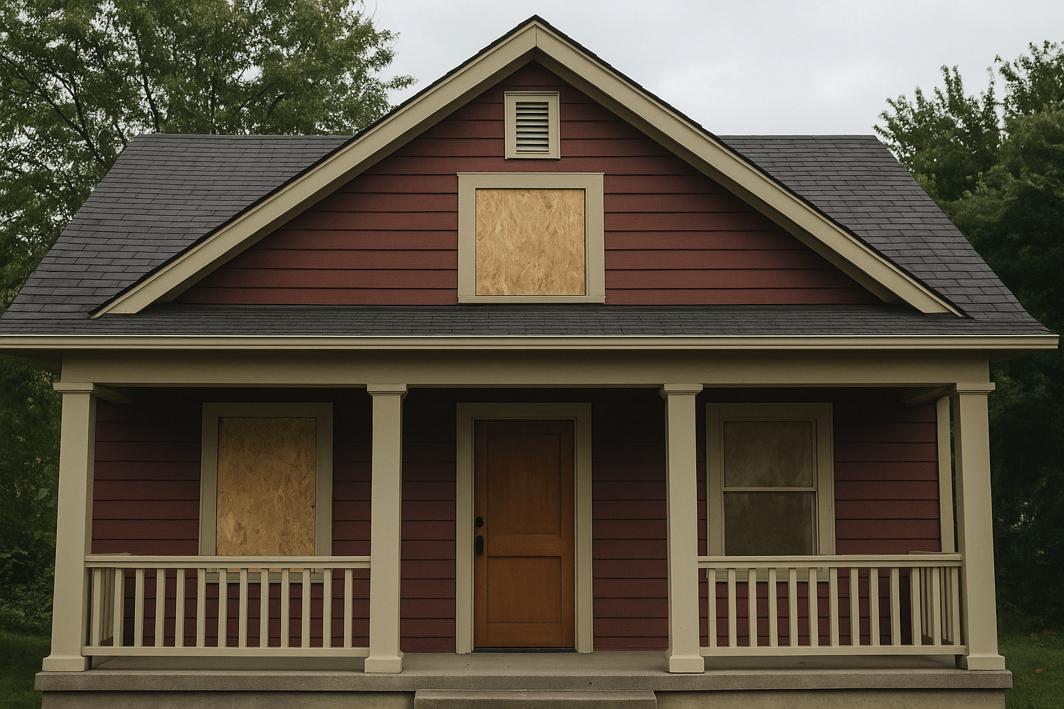 House in foreclosure during probate process, showing abandoned property exterior.