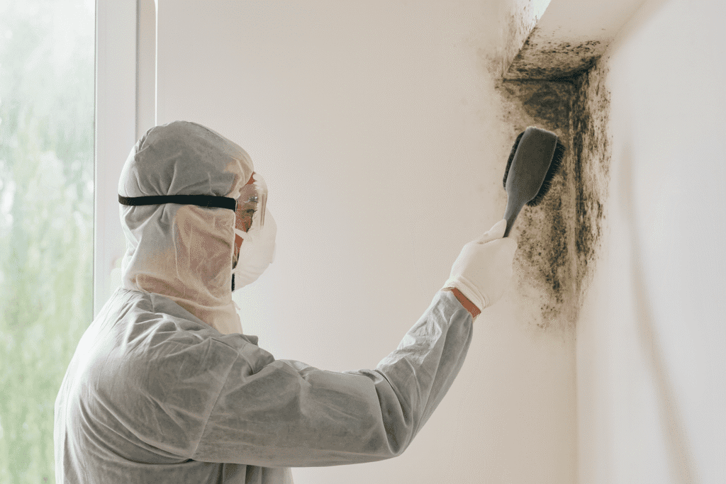 A professional mold remediation specialist wearing protective gear and a respirator cleans a residential wall covered in plastic sheeting inside a bright Pacific Northwest home.