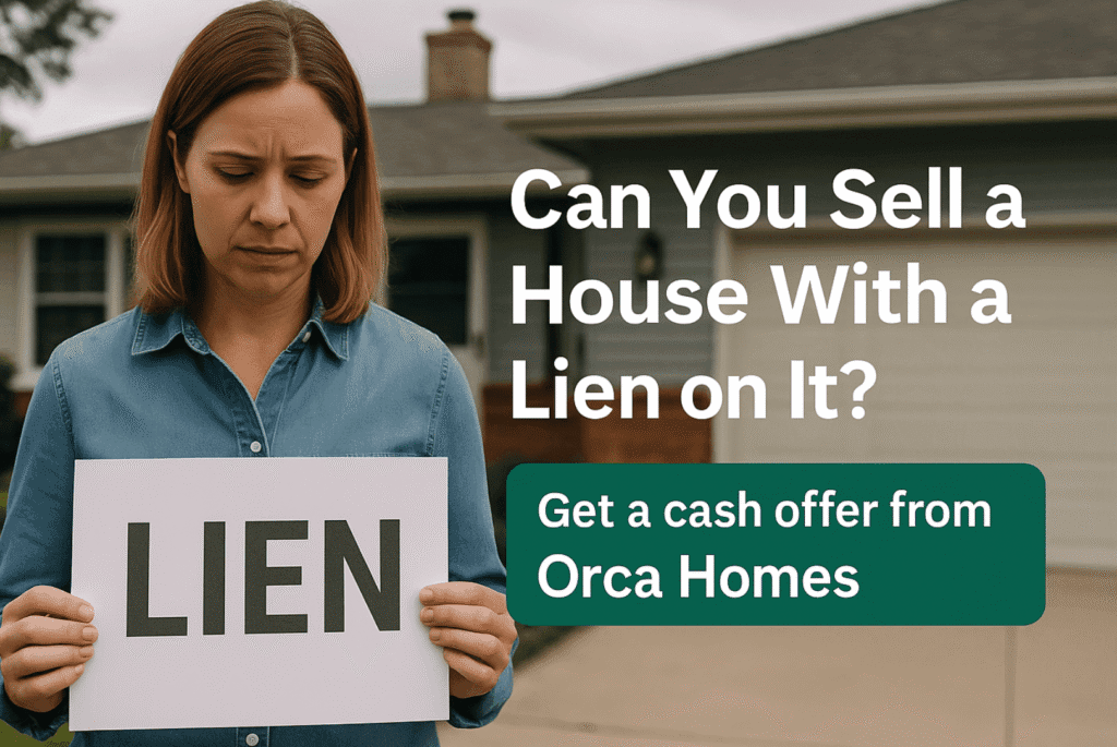 Realistic image of a concerned homeowner standing in front of her suburban house holding a “LIEN” sign, symbolizing selling a home with a lien.