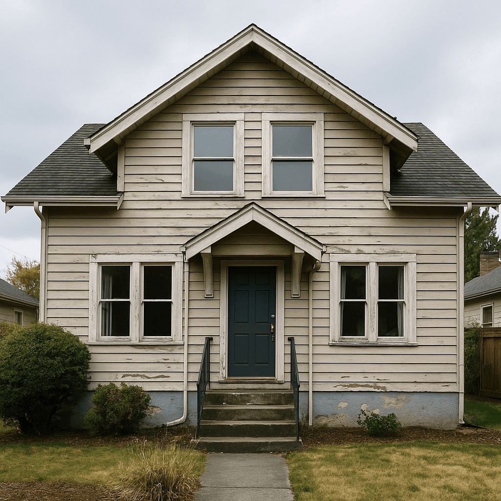 Bellevue home with worn siding, peeling paint, and an aging roof — a typical property needing repairs before selling.