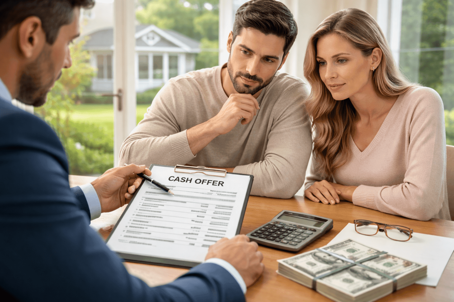Homeowners reviewing a cash home offer with a local buyer