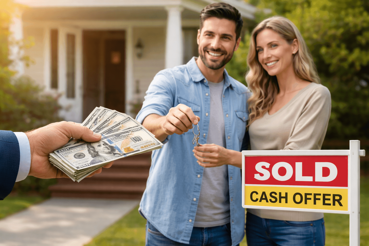 Homeowners exchanging keys during a cash home sale