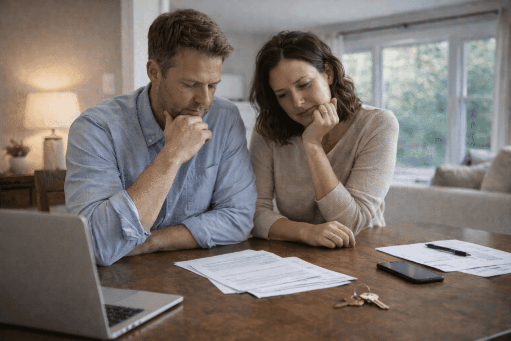 Homeowners reviewing documents and reflecting on whether to sell or rent their house