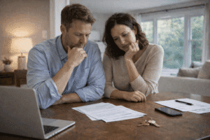 Homeowners reviewing documents and reflecting on whether to sell or rent their house