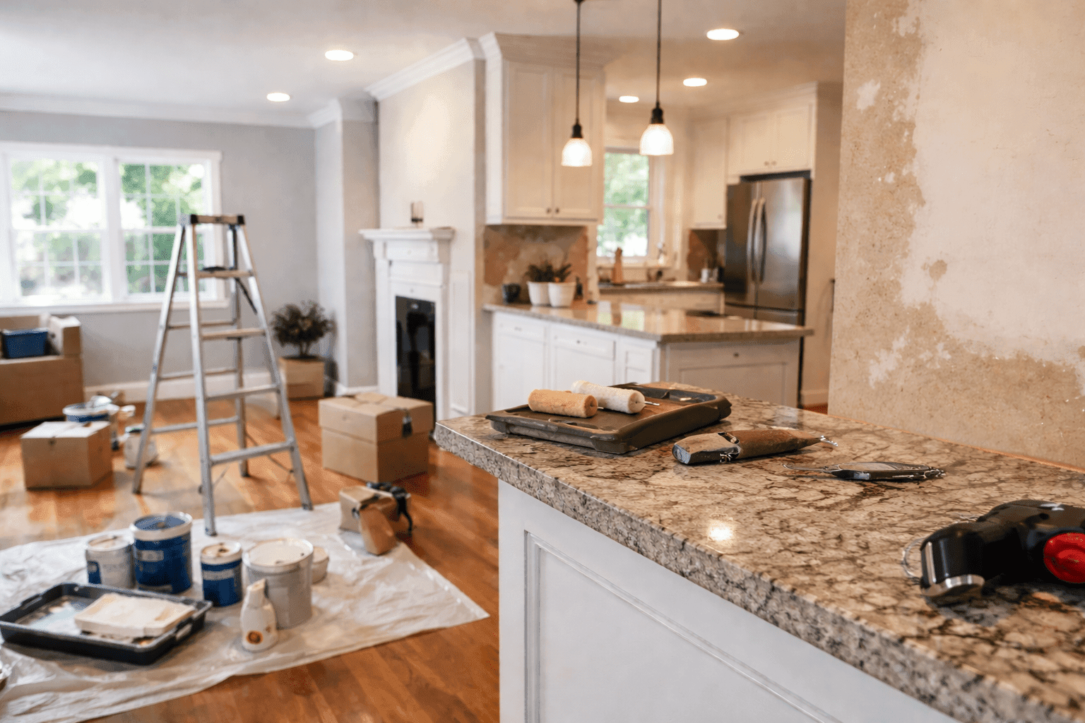 Home interior with renovation tools, illustrating a house being prepared for sale