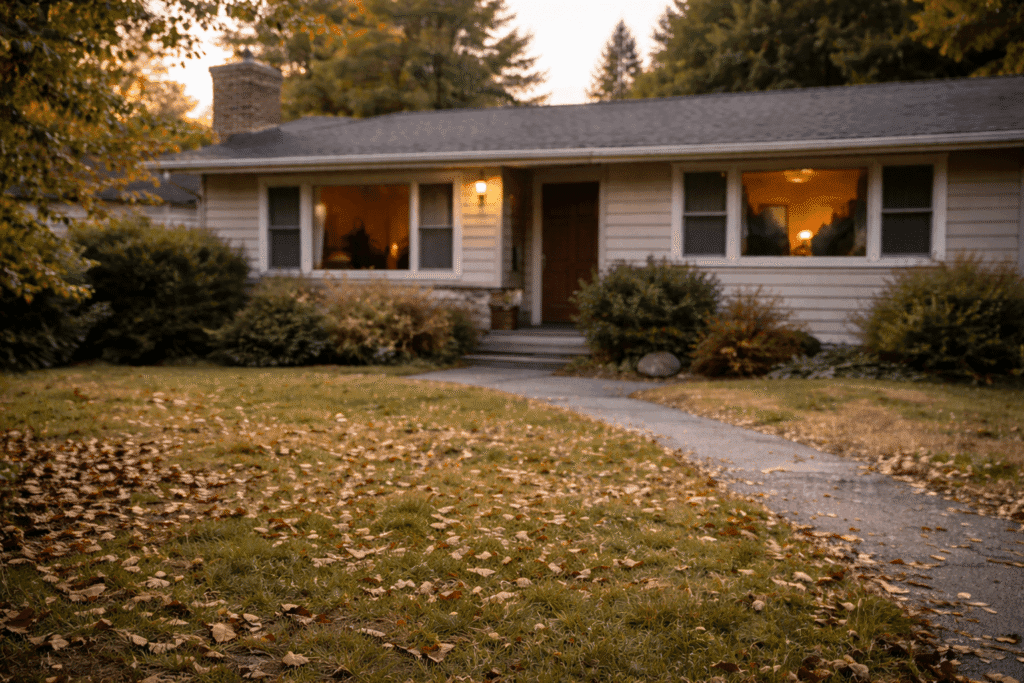 Exterior of a single-story inherited home in a quiet residential neighborhood