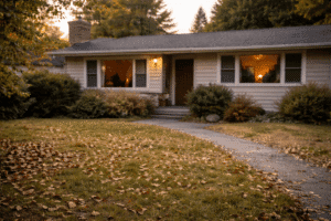Exterior of a single-story inherited home in a quiet residential neighborhood