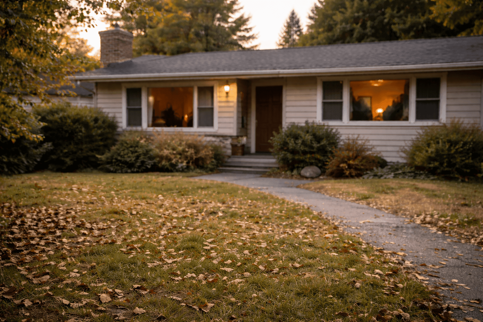 Exterior of a single-story inherited home in a quiet residential neighborhood