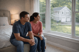 Homeowners sitting by a window reflecting on whether to sell their house