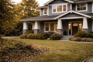Exterior view of a two-story craftsman-style house with a front porch and yard in a residential neighborhood