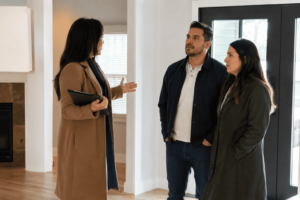 Homeowners discussing the sale of their house with a real estate professional inside a residential property