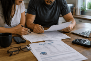 Homeowners reviewing mortgage documents before selling a house