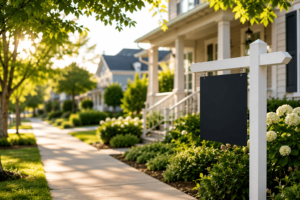 Residential neighborhood with a home for sale and landscaped front yard