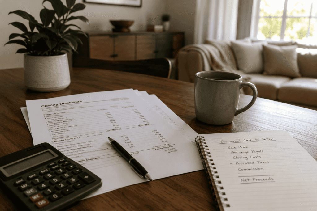 Documents, calculator, and coffee on a table while preparing to calculate home selling costs