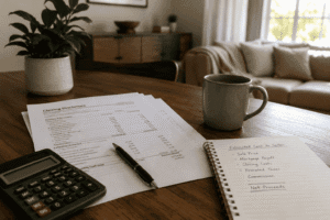 Documents, calculator, and coffee on a table while preparing to calculate home selling costs