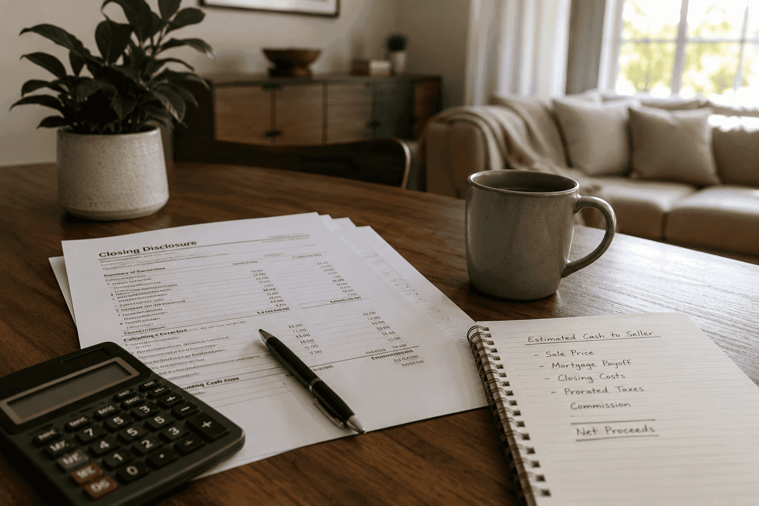 Documents, calculator, and coffee on a table while preparing to calculate home selling costs