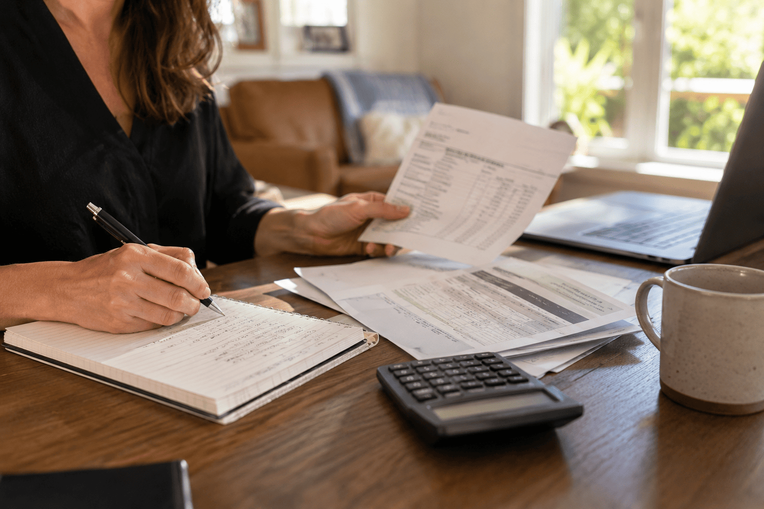 Homeowner reviewing property documents and calculating home value before selling a house