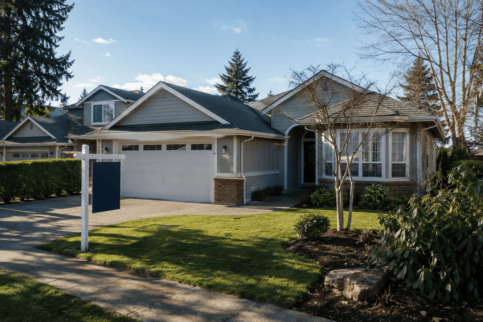 Single-family home with a for sale sign in a residential neighborhood
